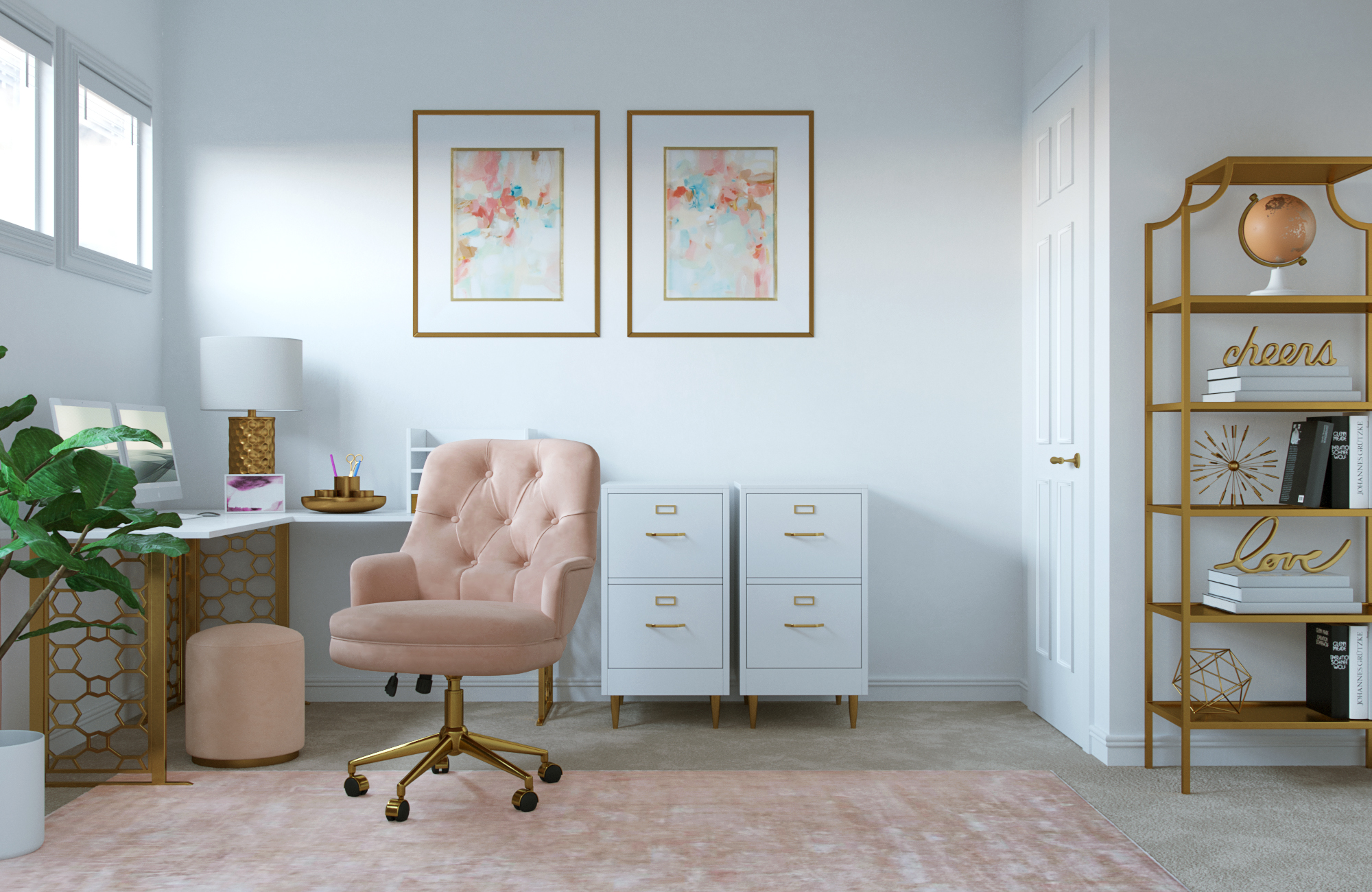 Glam Office with Vibrant, Pink Preppy Design by Brianna Havenly