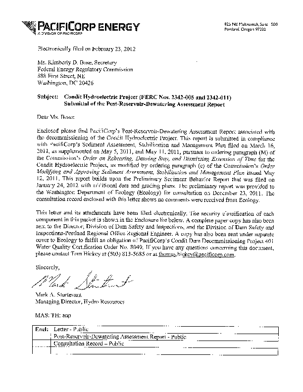 Transmittal Letter to FERC 120 day PostReservoir Dewatering