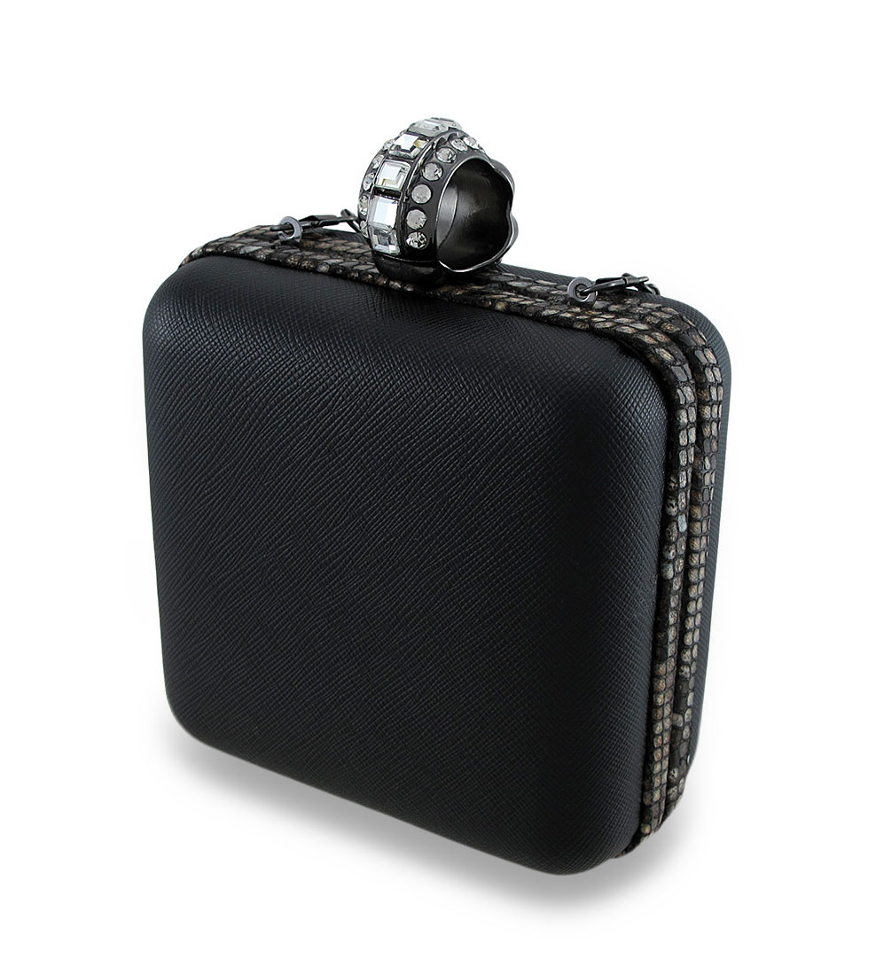 Black Square Clutch Purse W/Rhinestone Skull Ring Womens Evening Handbags Tanga