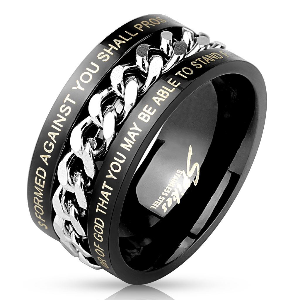 Men's Black Steel Center Chain Spinner Ring with Bible Verses BelleChic