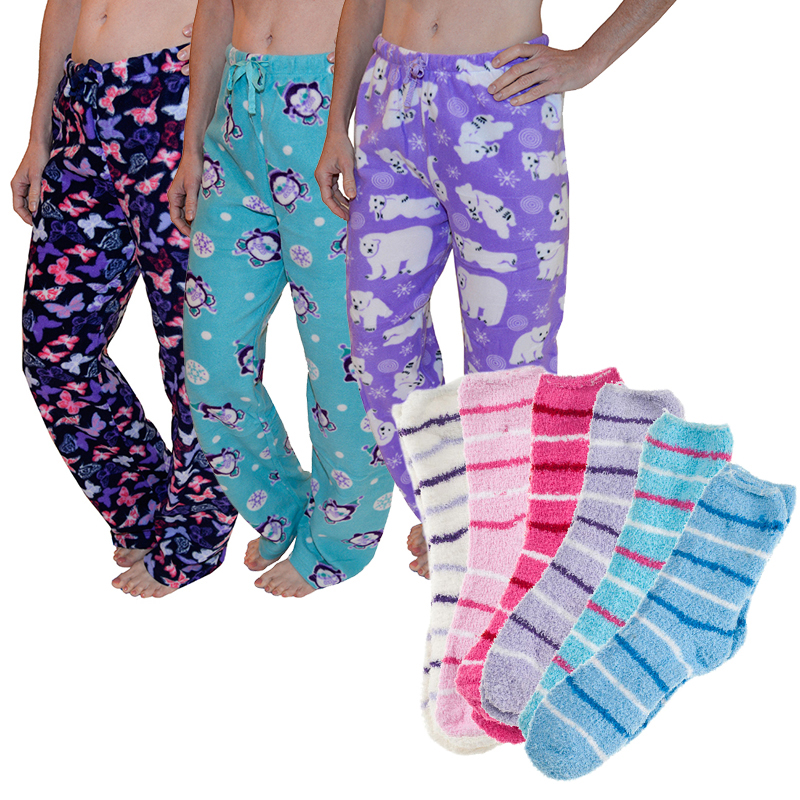 Combo Pack Ladies Fleece Pajama Pants and Cozy Fuzzy Socks Tanga