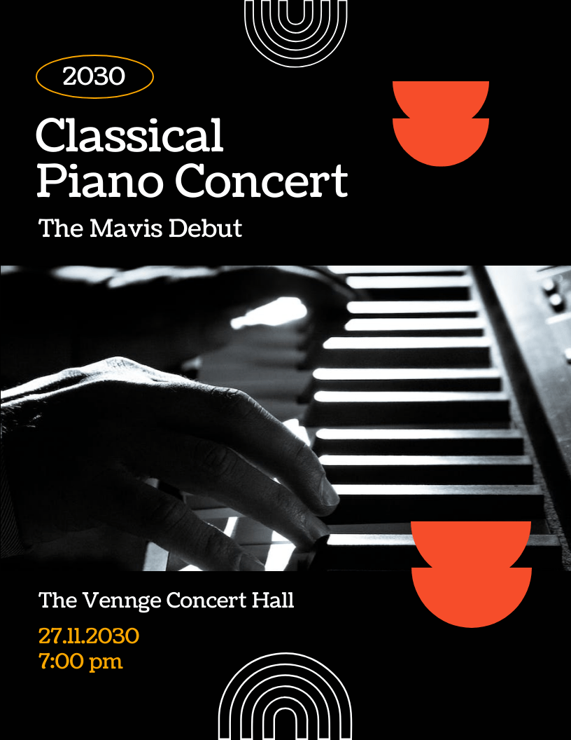 Schwarzer einfacher Klavierkonzert Flyer Venngage