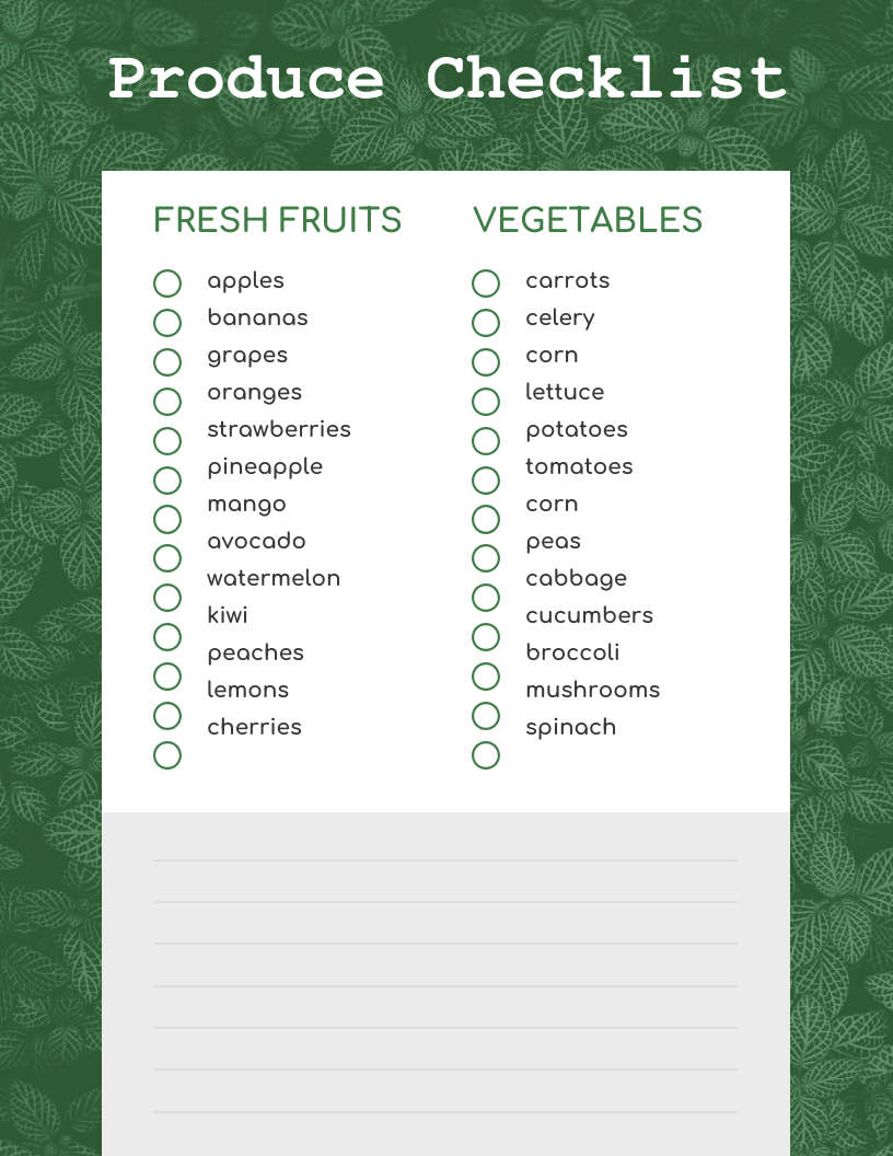 Green Produce Shopping List Template