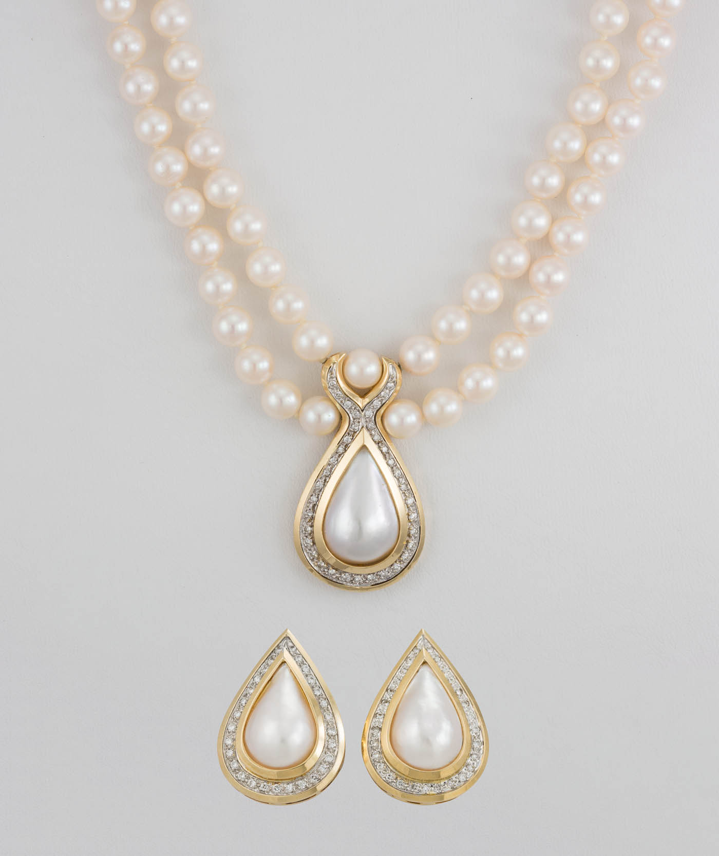 14K Yellow Gold Diamond & Pearl Necklace & Earrings set, 26gr
