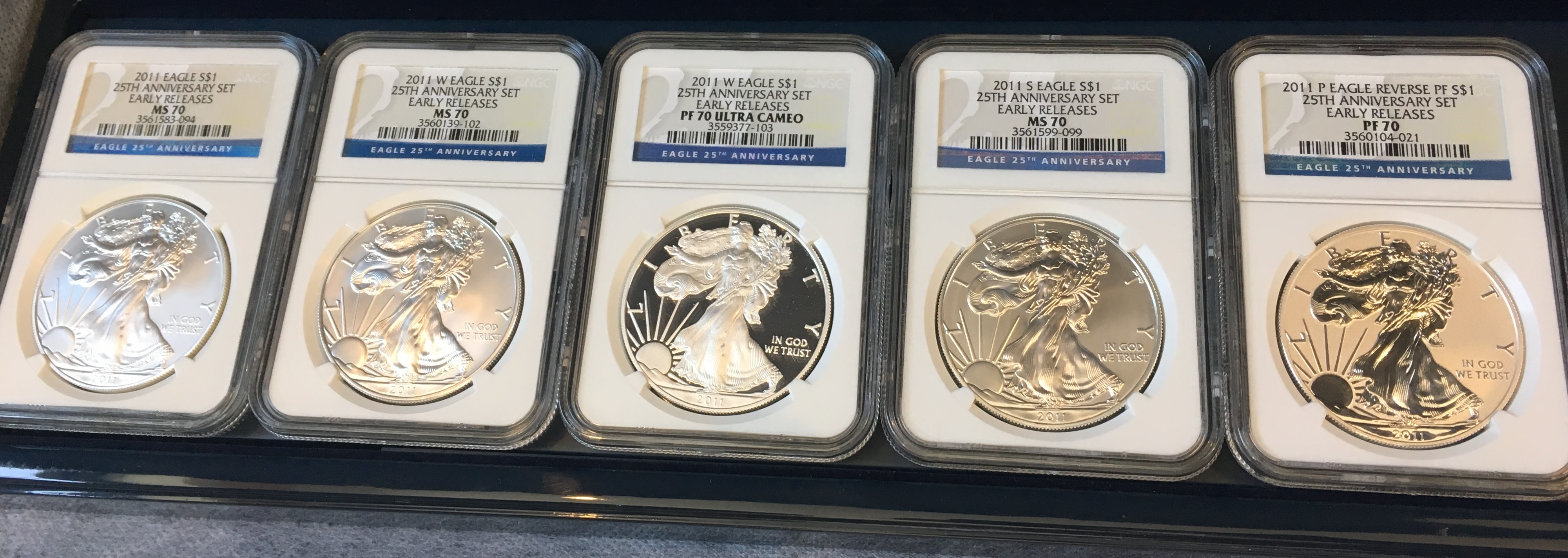 2011 Five Coin American Silver Eagle Set NGC Certified MS & PF 70 w