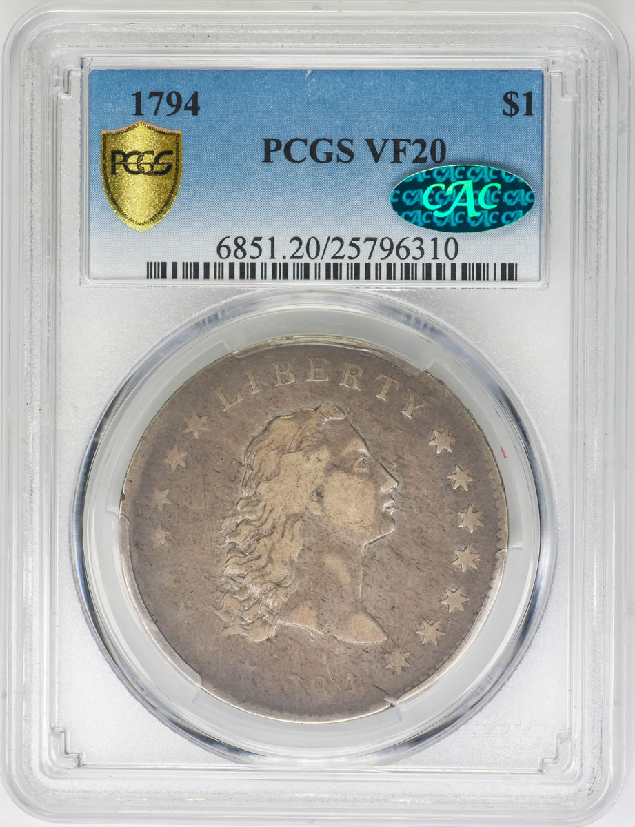 1794 1 Flowing Hair Dollar PCGS VF20 CAC Certification Tangible
