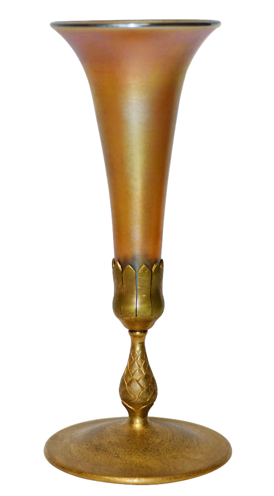 Tiffany Studios Favrile Glass Trumpet Vases on Bronze Bases