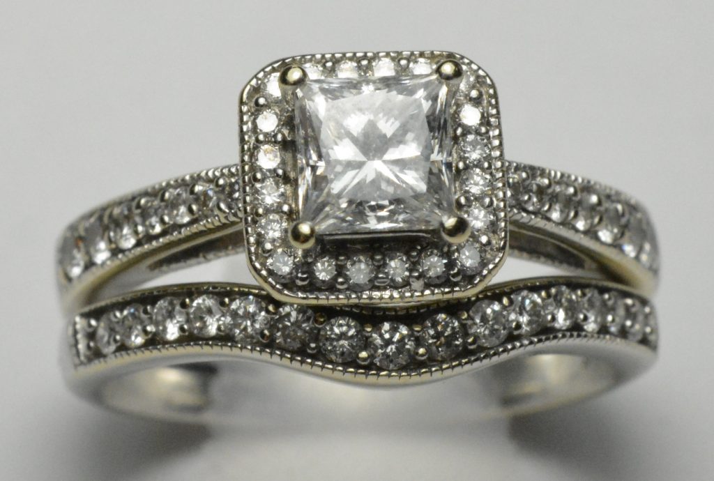 14k White Gold Princess Cut Diamond Wedding Ring Set HI SI Size 7, 1