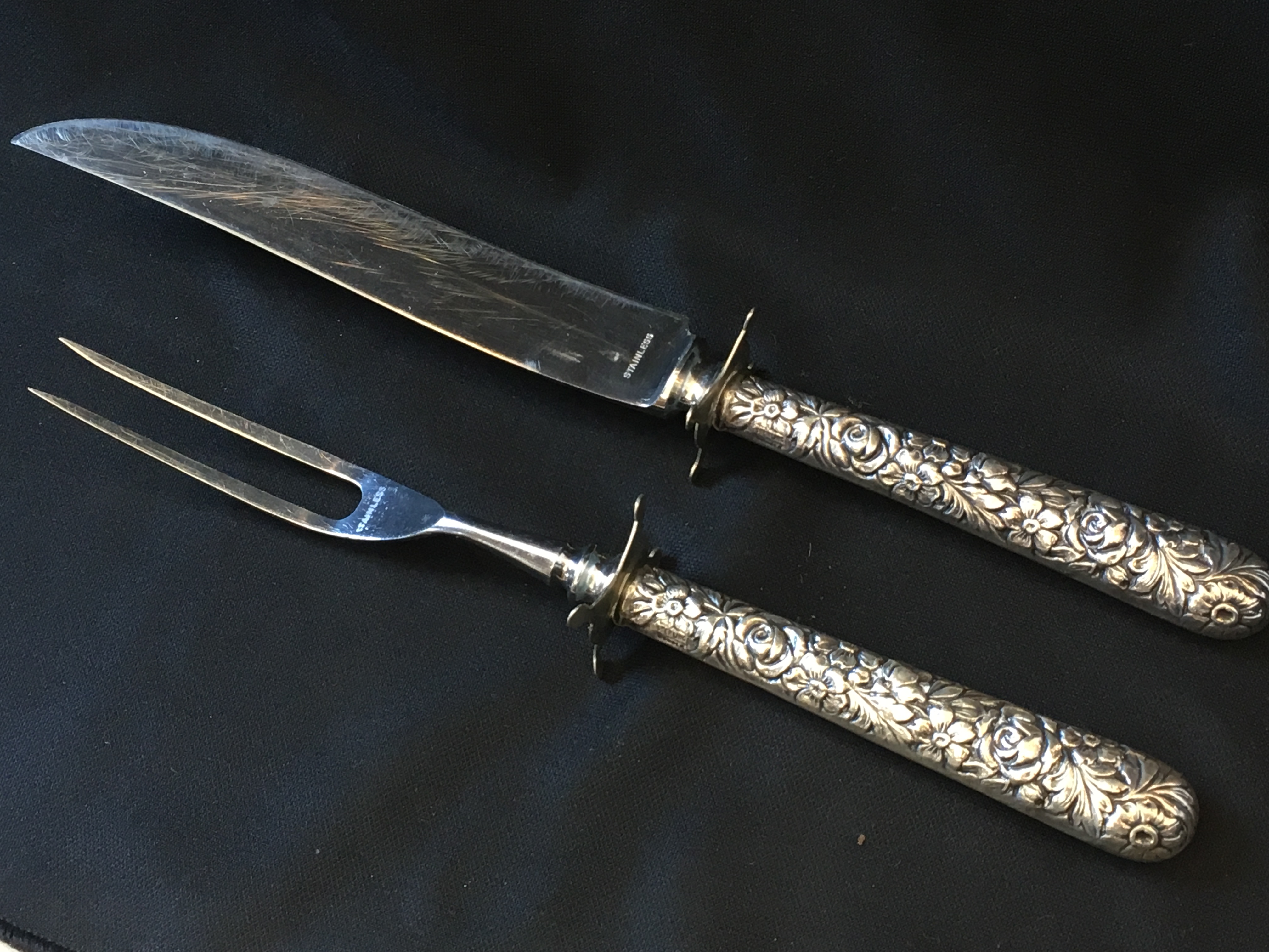 Antique Sterling Silver Carving Set Floral Pattern STAMPED 10.5