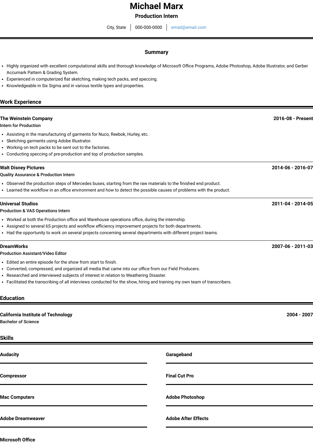 Production Intern Resume Samples and Templates VisualCV