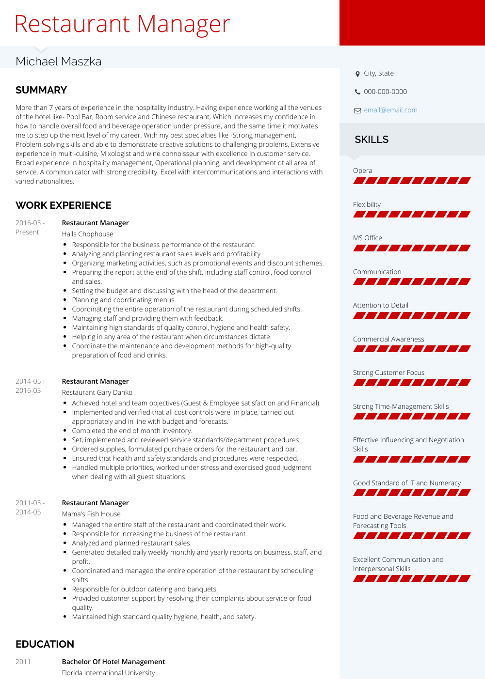 Foh restaurant manager resume April 2021