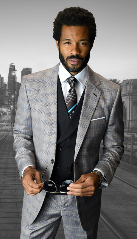 Lanzini Ta 3pc Mens Statement Tan Plaid Suit Double Breasted Vest