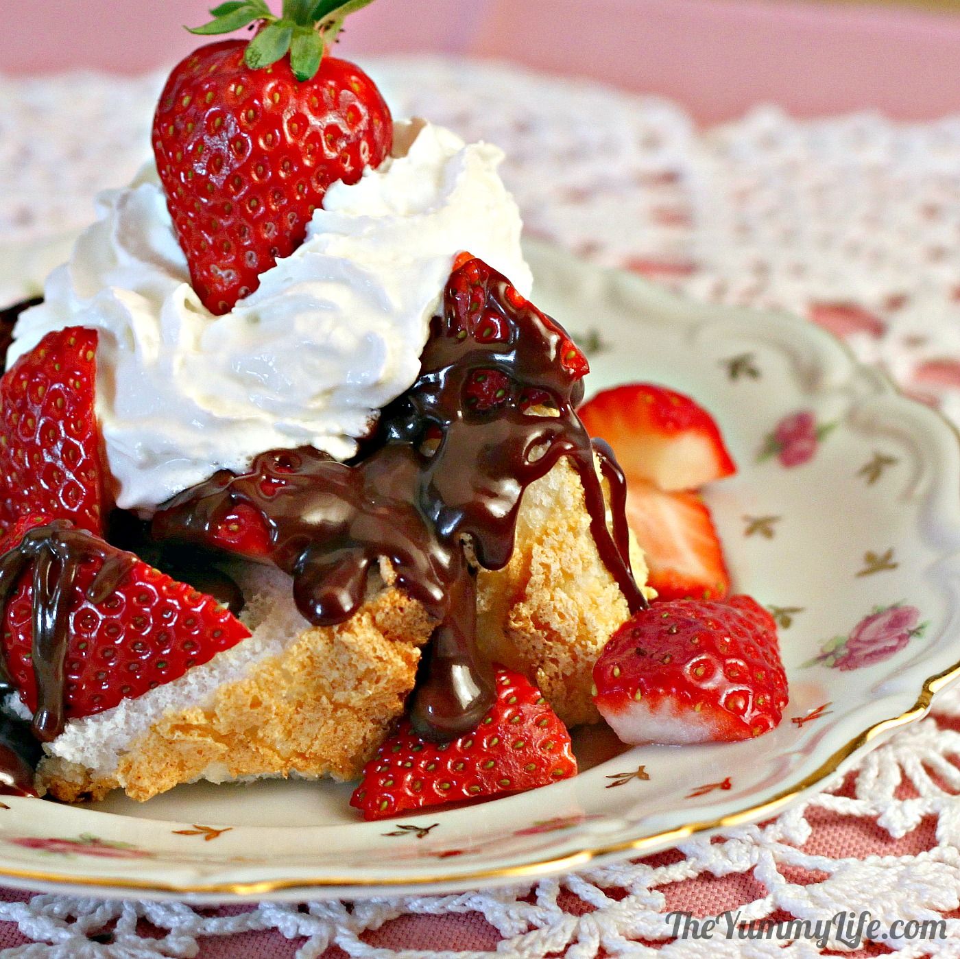 Angel Food Cake with Strawberries & Hot Fudge Sauce