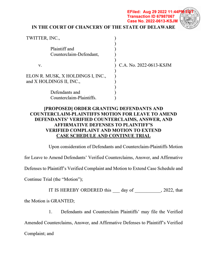 Musk Motion to Amend Counterclaims and Continue Trial (Twitter v. Musk