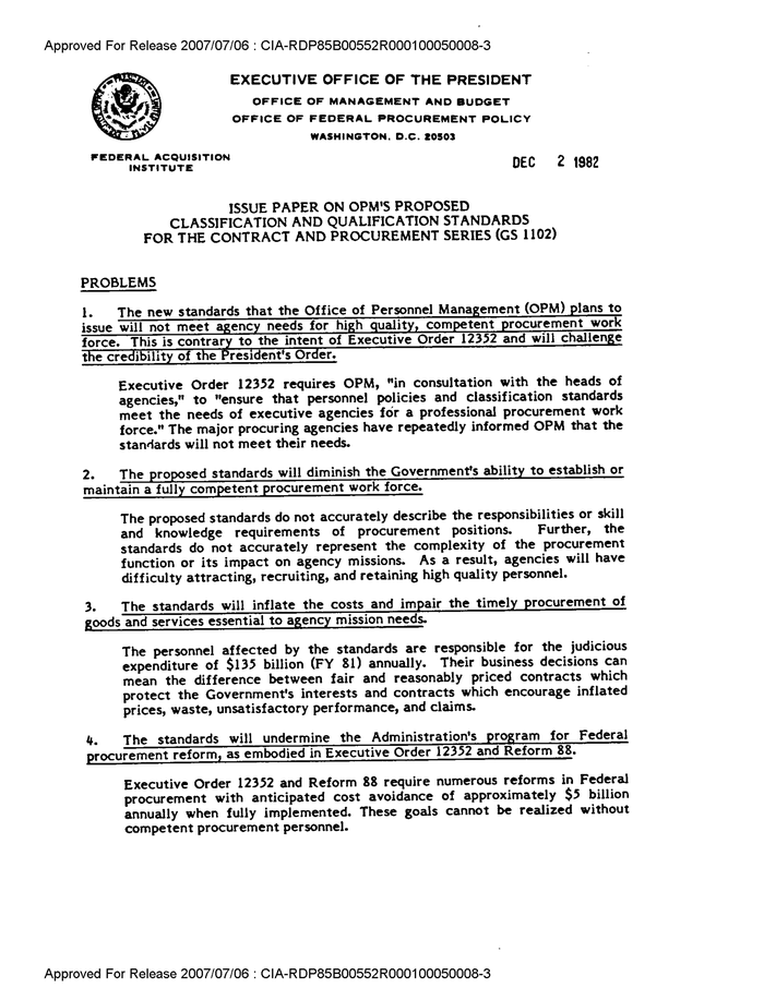 ISSUE PAPER ON OPM'S PROPOSED CLASSIFICATION AND QUALIFICATION