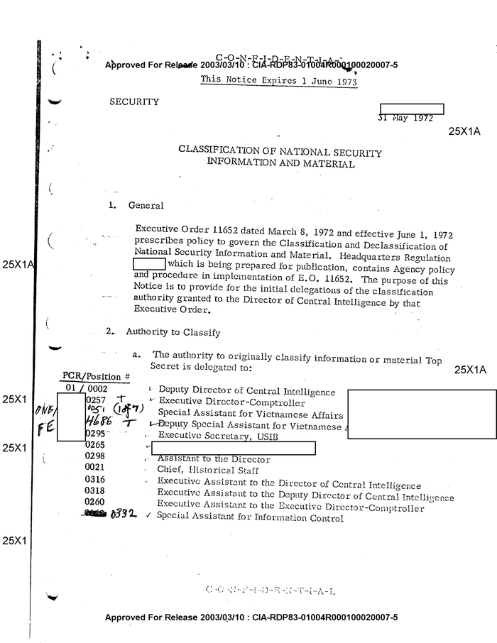 CLASSIFICATION OF NATIONAL SECURITY INFORMATION AND MATERIAL