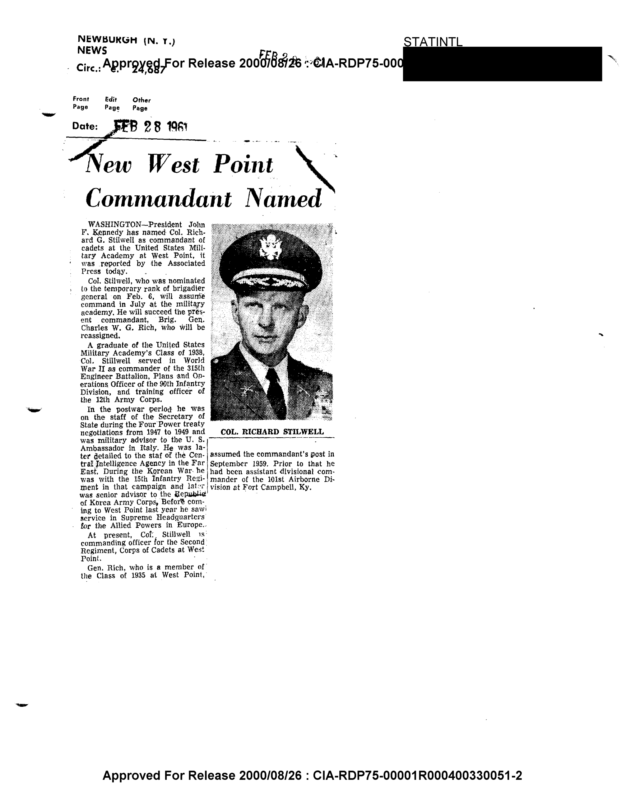 NEW WEST POINT COMMANDANT NAMED DocumentCloud