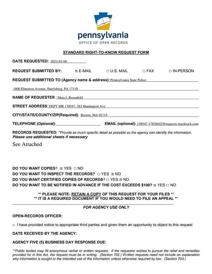 PA Right to Know Request Form DocumentCloud