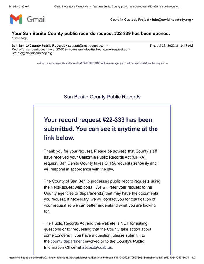 Jail population COVID data request email thread DocumentCloud