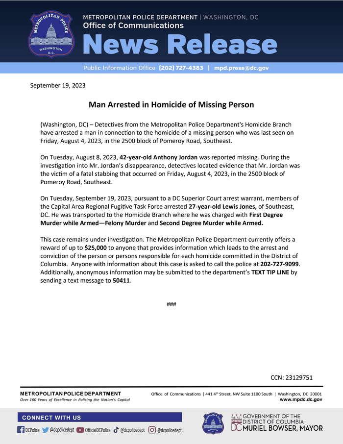 9.19.23 Arrest Made in a Homicide 2500 Block of Pomeroy Road Southeast