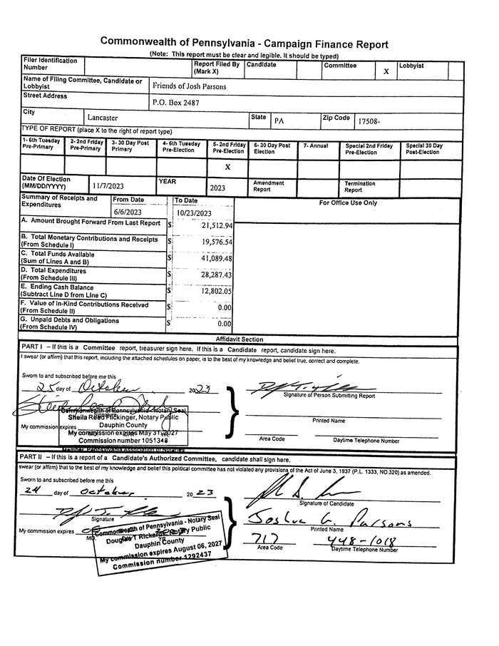 Josh Parsons campaign finance 102723 DocumentCloud