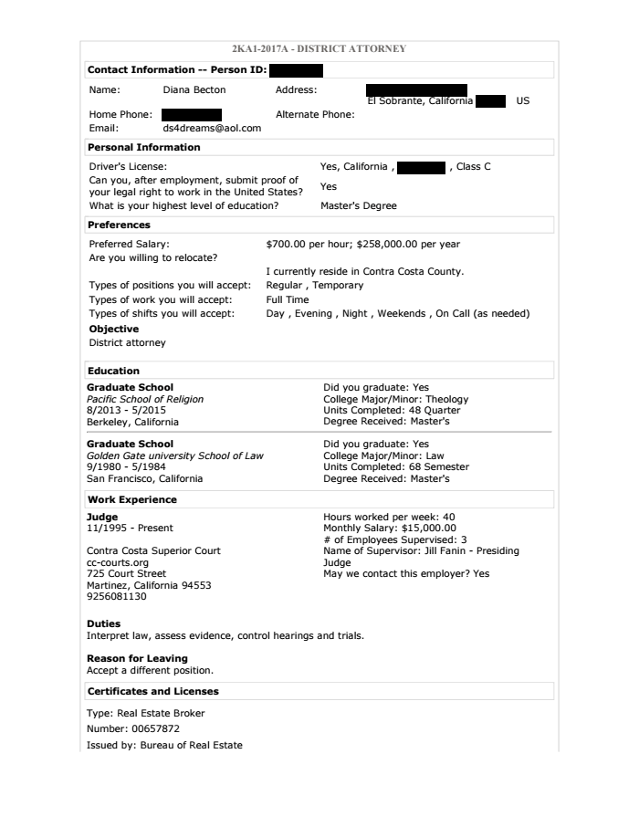 Application and Questionaire for Contra Costa County District Attorney Diana Becton