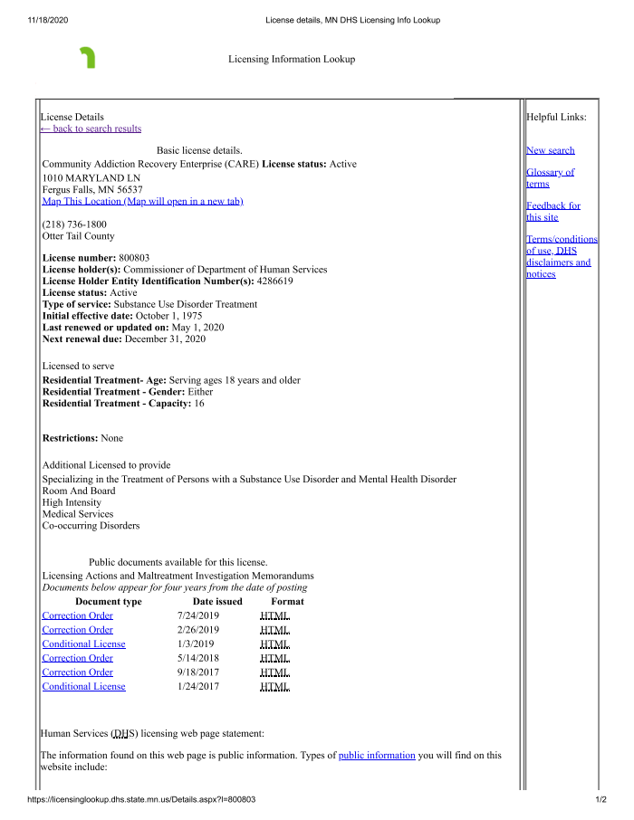 License details, MN DHS Licensing Info Lookup Fergus Falls DocumentCloud