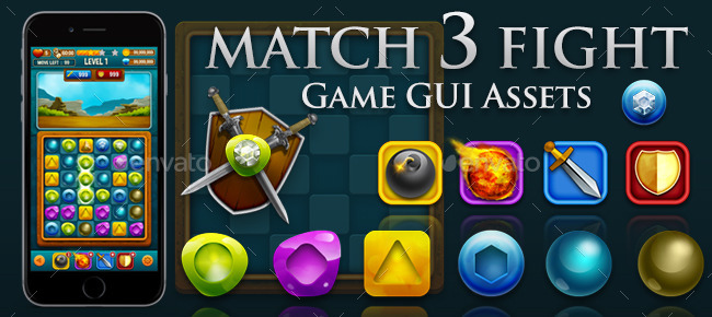 Match 3 Fight Puzzle Game Kits and GUI Assets by DJiang GraphicRiver
