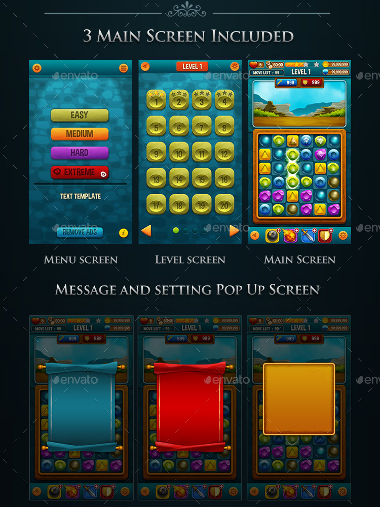 Match 3 Fight Puzzle Game Kits and GUI Assets by DJiang GraphicRiver