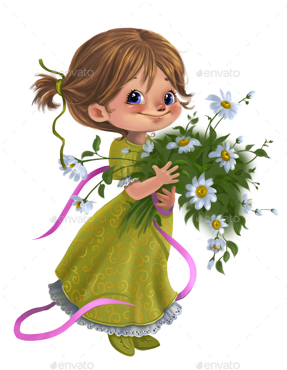 Cute cartoon girl with flowers by Rivusdea GraphicRiver