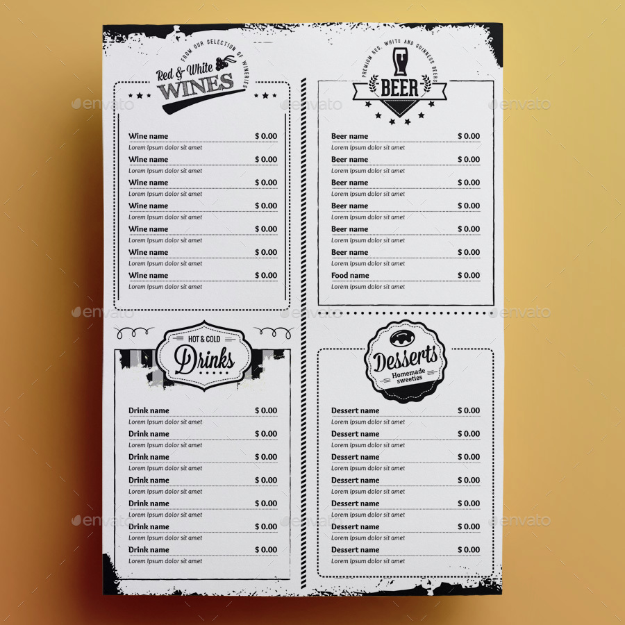The Black and White Menu A4 Vintage Style, Print Templates GraphicRiver