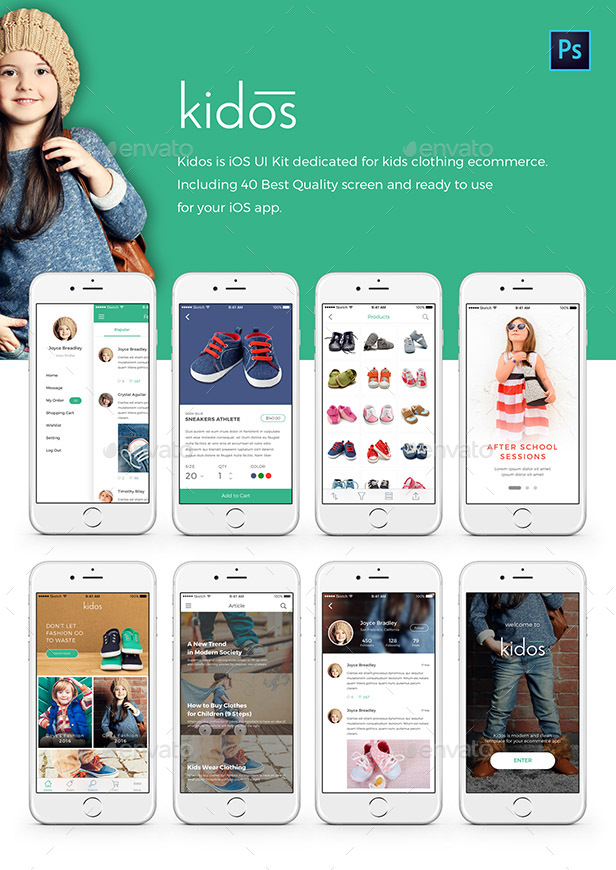Kidos Kids Clothing iOS UI Kit PSD by peterdraw GraphicRiver