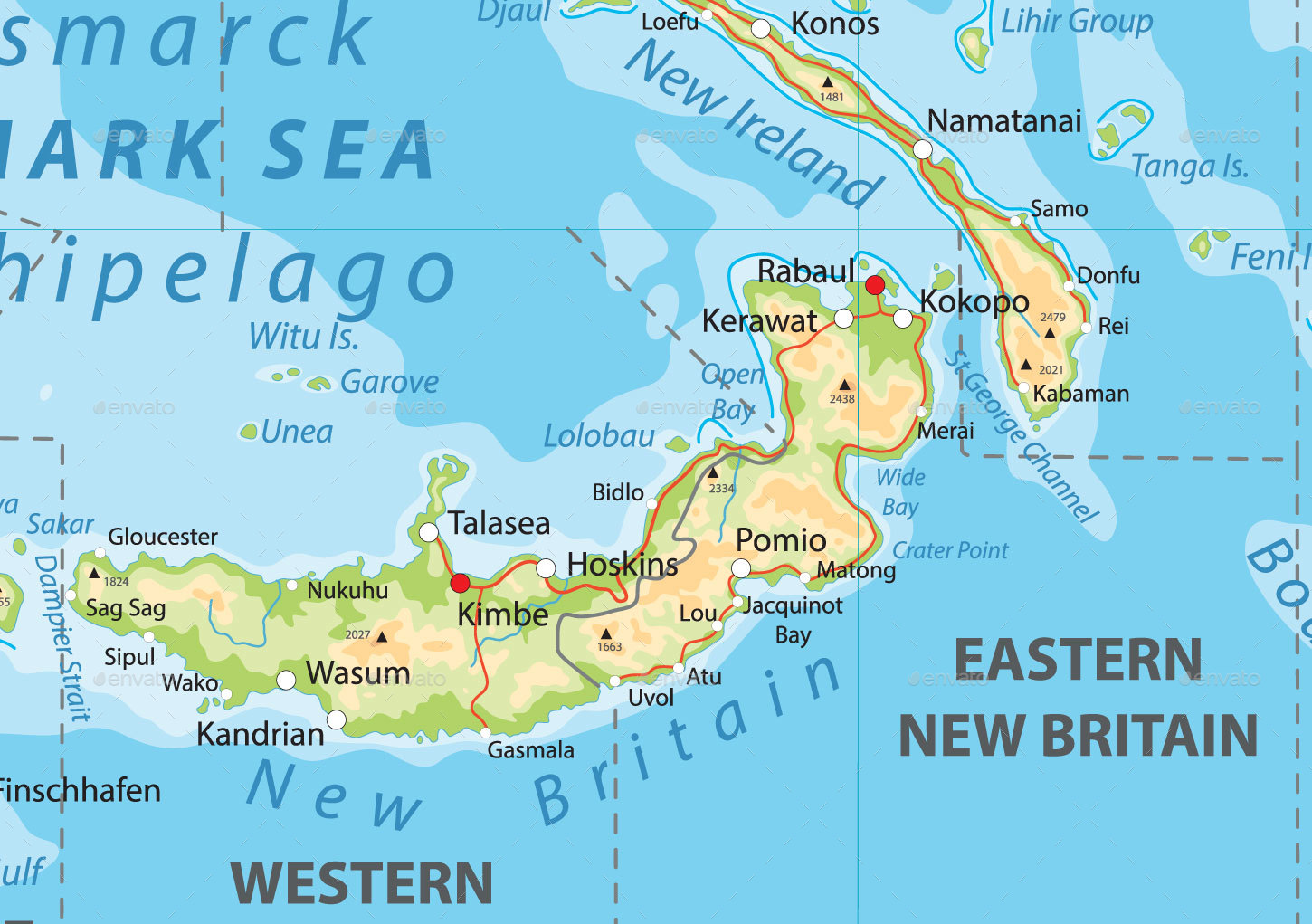 Physical Map of Papua New Guinea Ezilon Maps