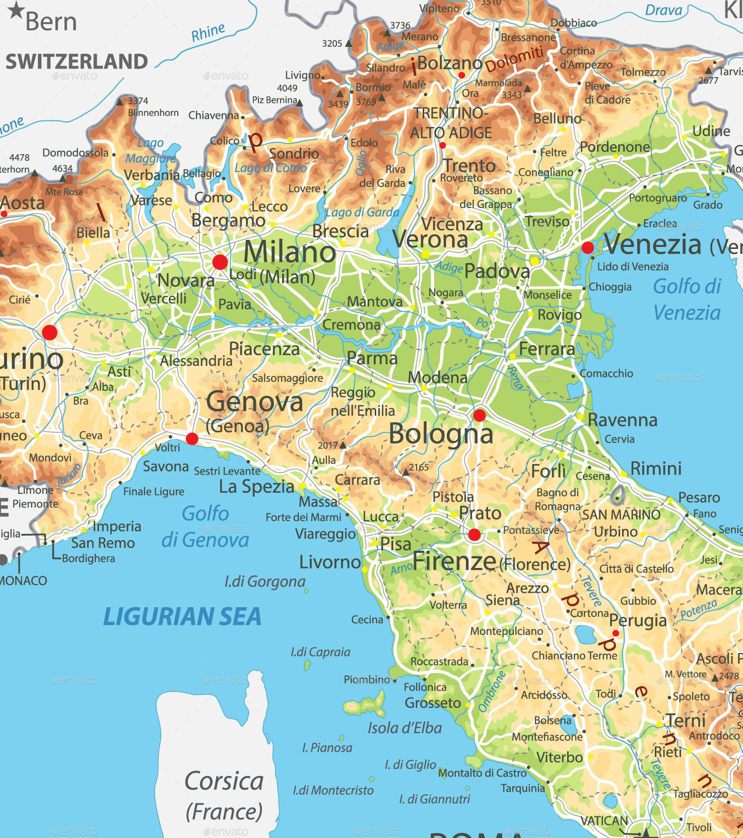 Italy Relief Map Highly Detailed Physical Map Of Italy In Vector Images