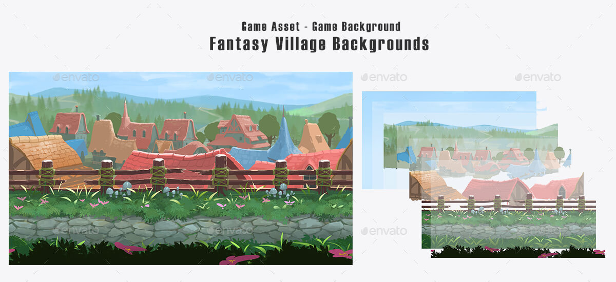5 Village 2D Game Backgrounds Parallax and Stackable by Space_Gecko