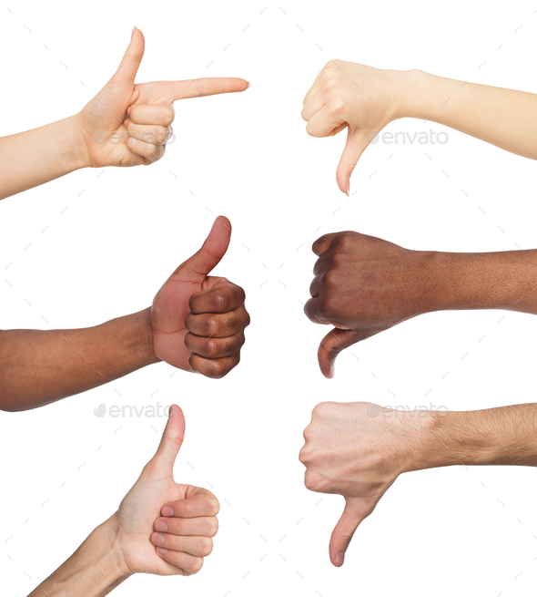 Set of white and black hands making opposite symbols Stock Photo by