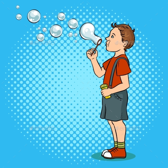 Child Blowing Bubbles Pop Art Vector Illustration by AlexanderPokusay
