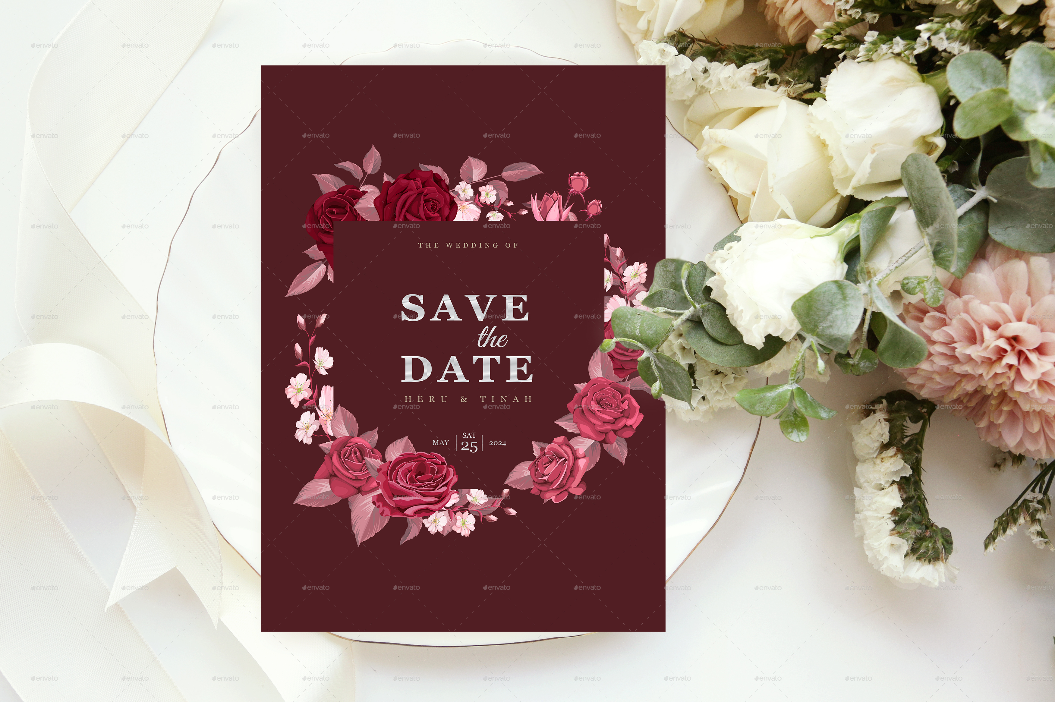 Wedding Invitation Template with Maroon Floral and Leaves