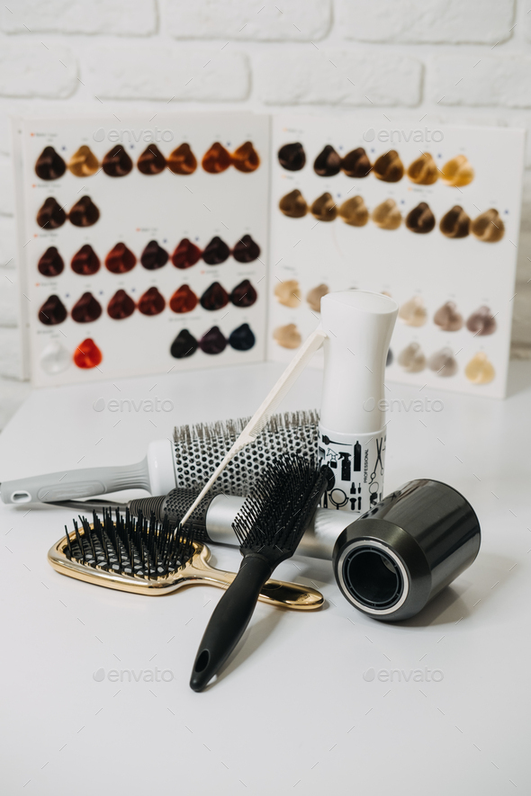 Hairdressing Tools and Equipment. Hair dryer, Paddle Brush, variety of