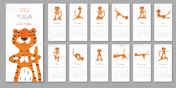 Cute Printable Template With Tiger Doing Yoga. 2022 Trendy Calendar Design.  Set Of 12 Months. By Katy_Osypova