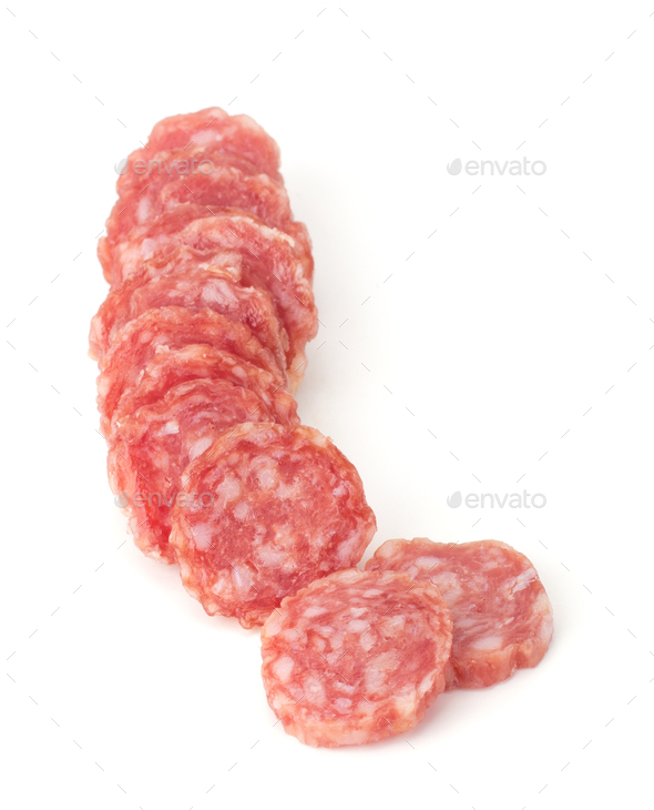 pile of salchichon, red spanish salami, isolated on a white background