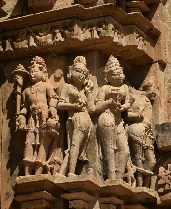 Stone carving sculptures on Khajuraho Temple, a UNESCO world Heritage