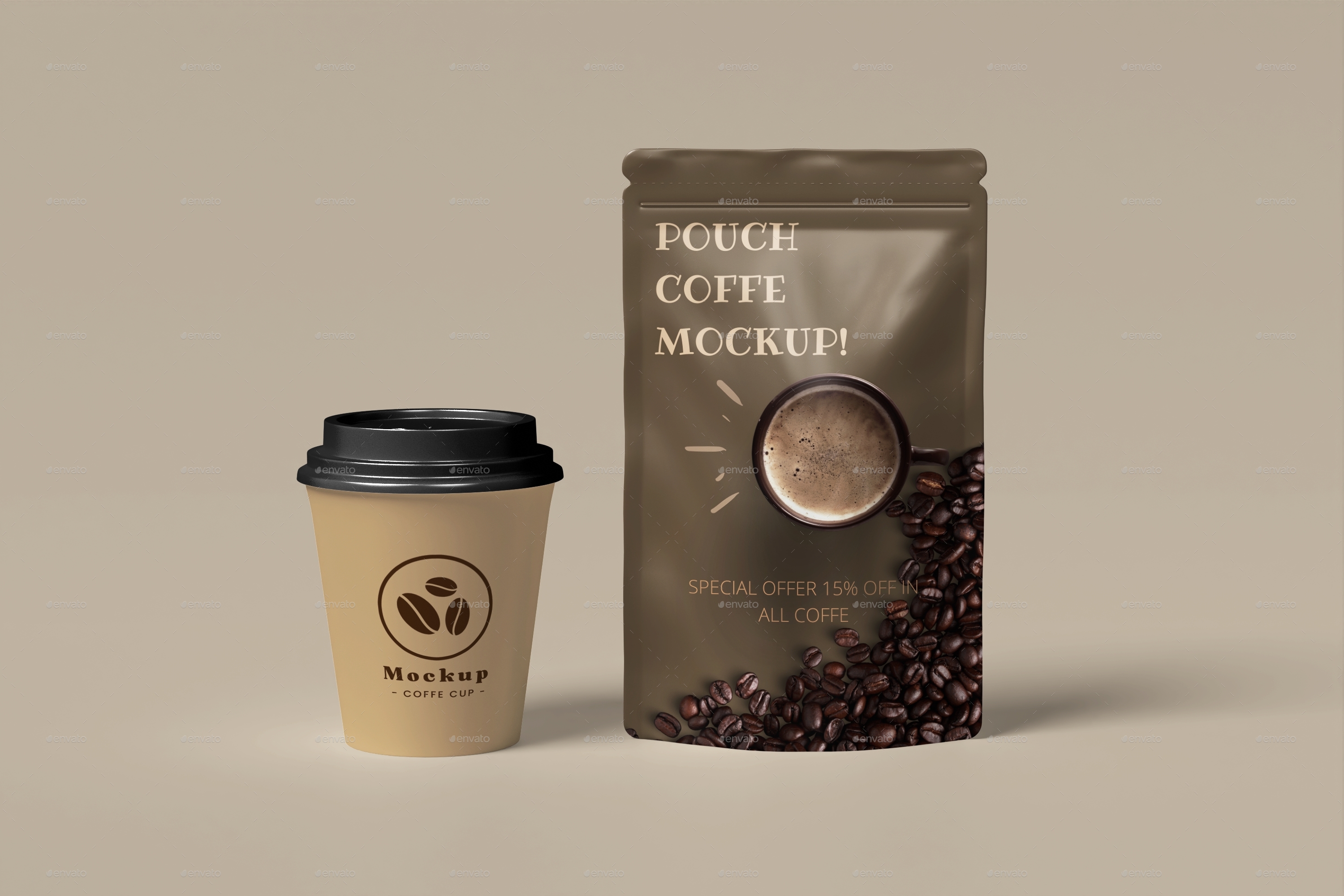 Coffee Cup & Pouch Packaging Mockup by Pixel_corner GraphicRiver
