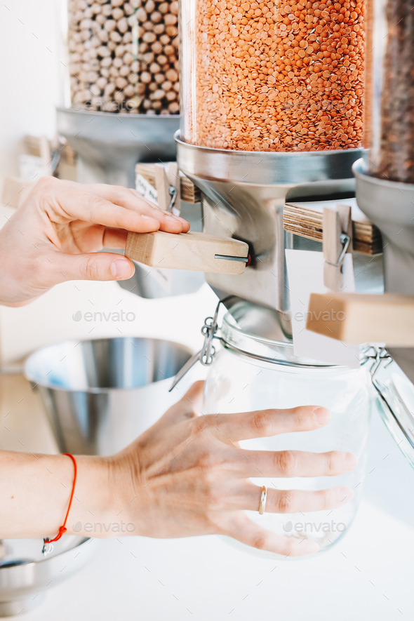 Zero waste shop. Shopping in sustainable plastic free grocery store