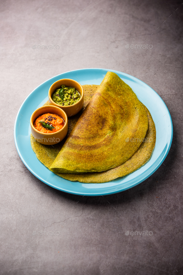 Pesarattu Dosa or moong dosai is Indian breakfast crepes with green gram served with chutney