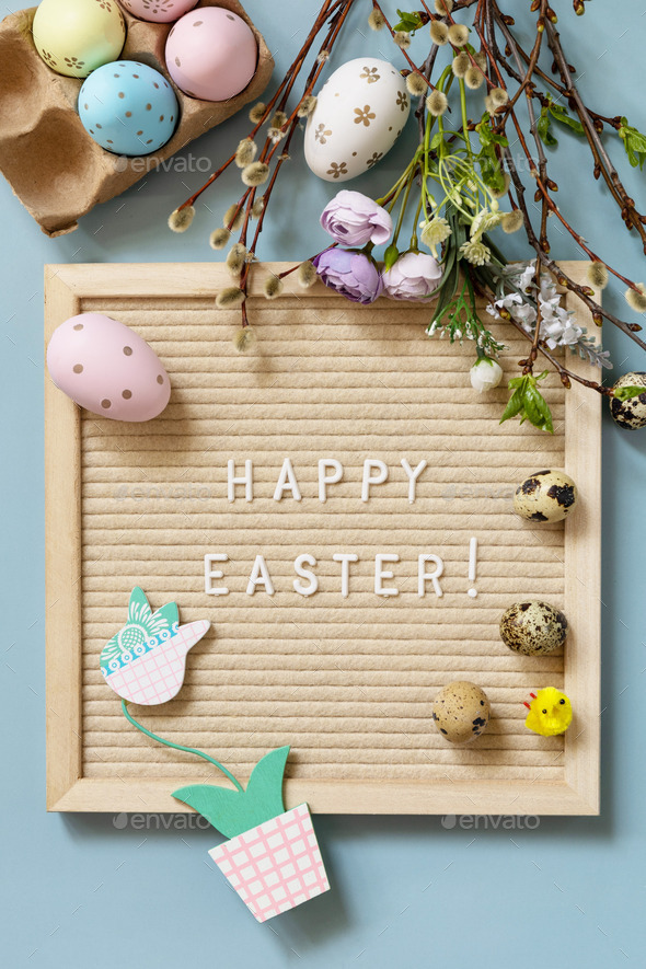 Letter Board Quote HAPPY EASTER in letter board Easter eggs and green