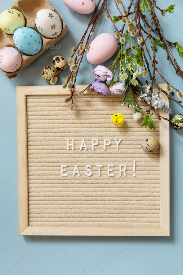 Letter Board Quote HAPPY EASTER in letter board Easter eggs and green