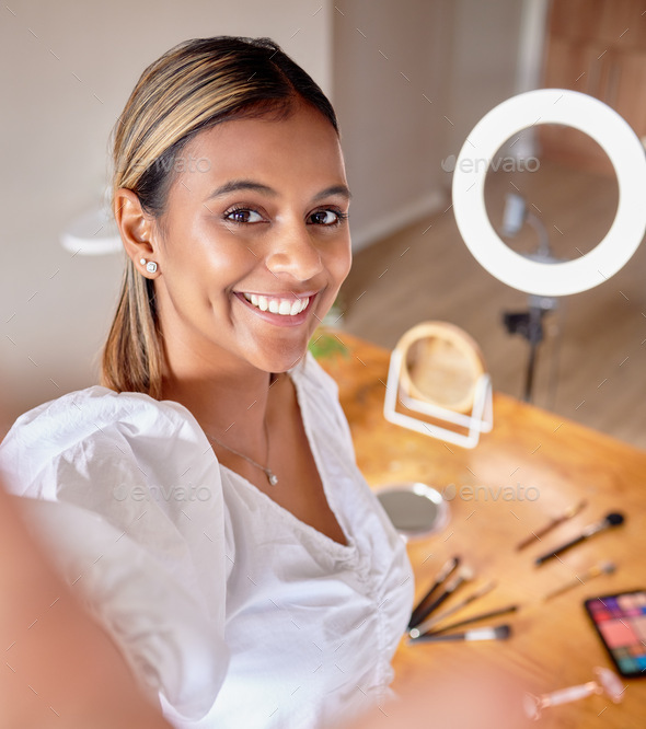 Selfie, beauty influencer and makeup tutorial with ring light and gen z
