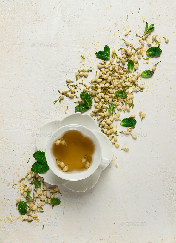 Jasmine Tea, drink , Jasmine flowers, dry, herbal, tea, top view, no