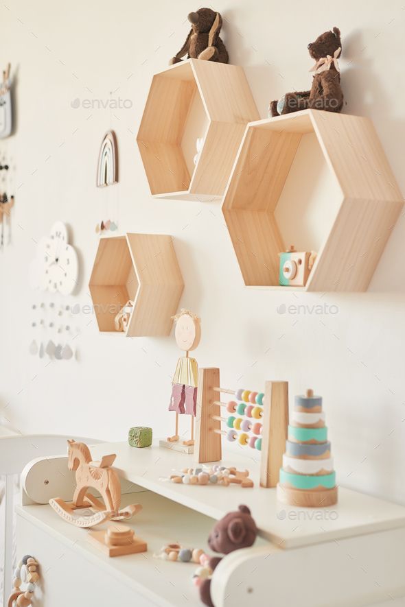 Kids room scandinavia. Wooden toys in children's room. Loft style